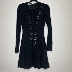 Givenchy Lace Up Long Sleeve Pleated Wool Dress Black 36